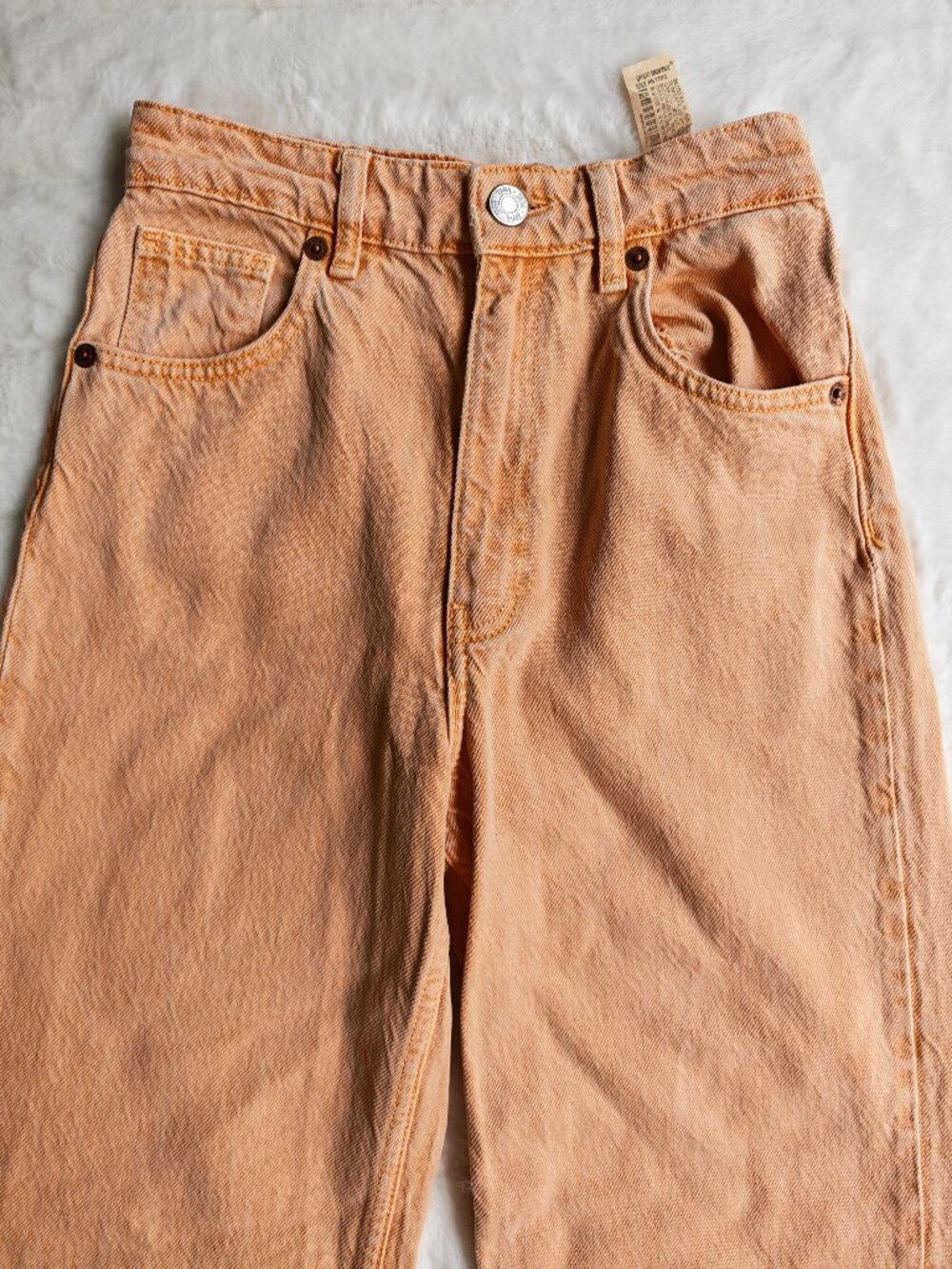Zara Peach Wide Leg Jeans Size 2 High Rise Raw Hem Cropped Denim Pants Trendy - Picture 7 of 15